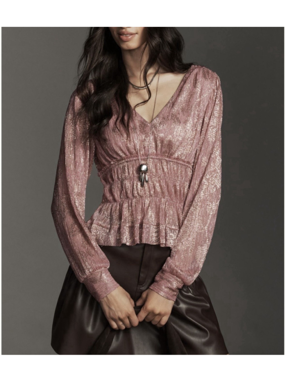 NWT By Anthropologie Metallic Smocked Long-Sleeve Shirt Size:L Pink